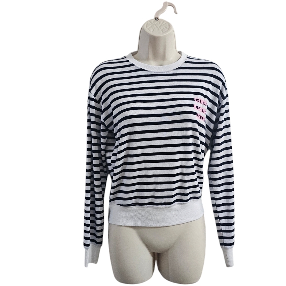 SPRITIUAL GANGSTER Good Karma Crew Striped Pullover Top Blue White Size XS